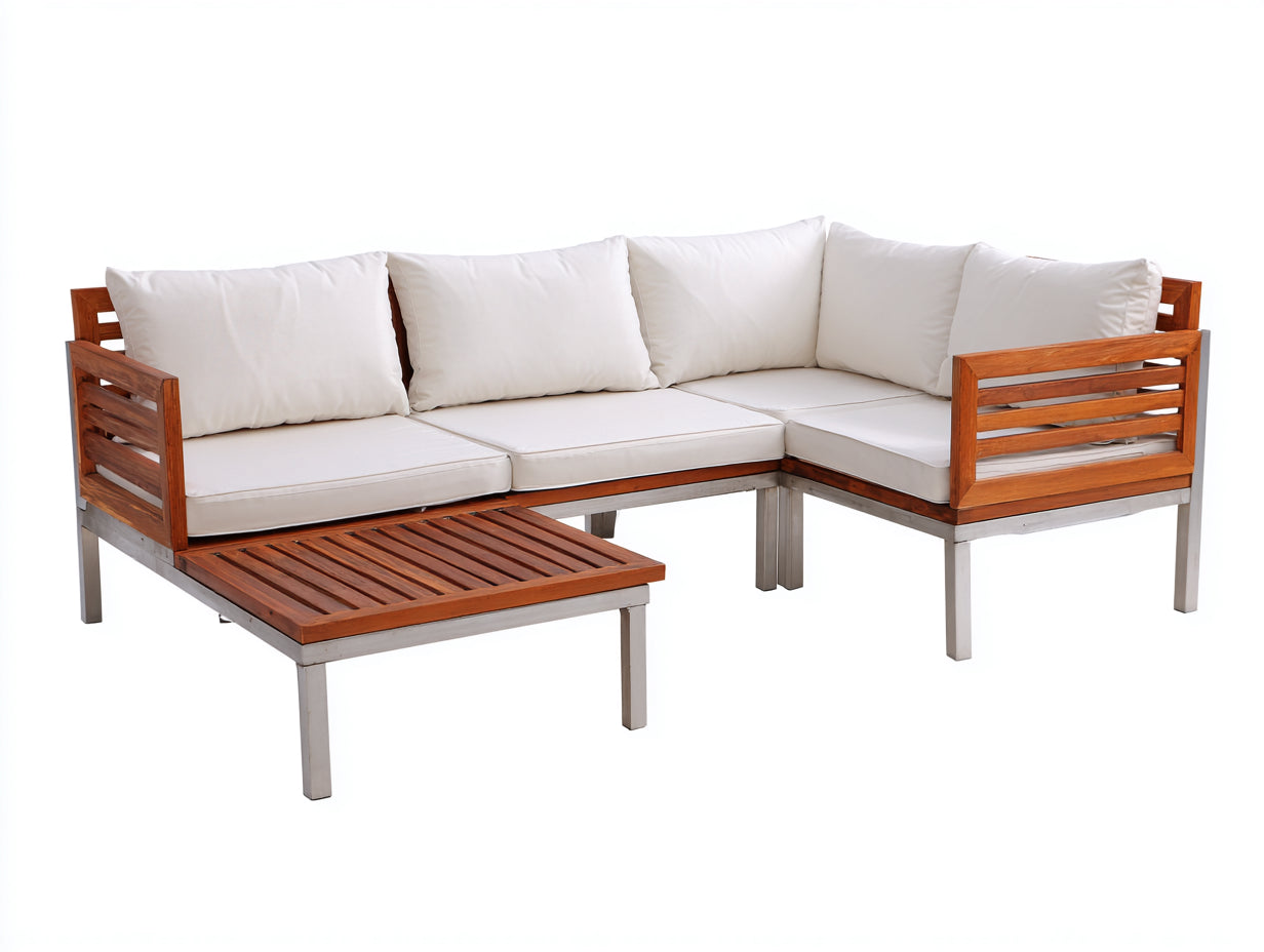 Canapé de jardin - Bois-Métal-Tissu - 255 x 185 x 70 cm - Blanc-Bois naturel - Design contemporain