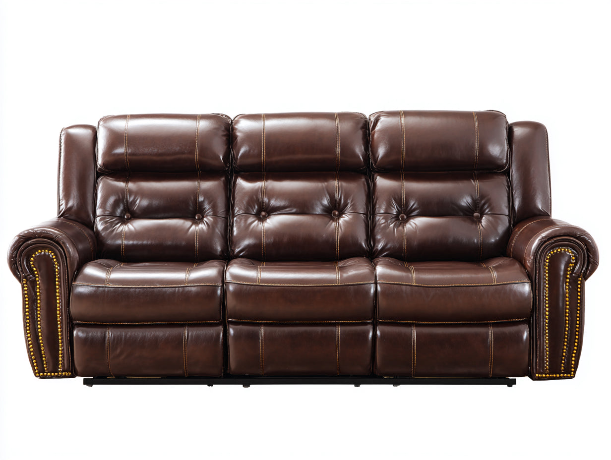 Canapé 3 places-cuir véritable-bois-220x100x88 cm-marron-classique relax
