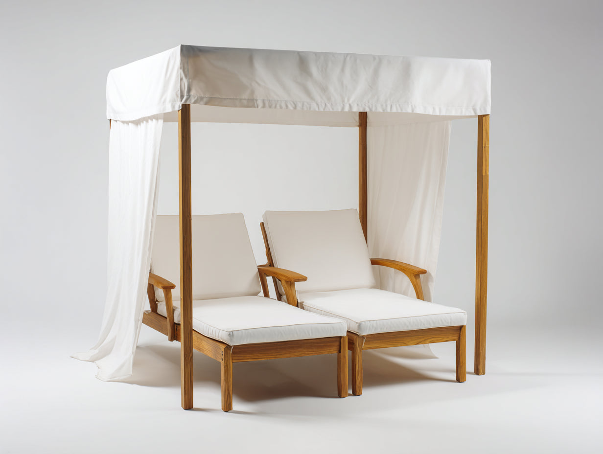 Bain de soleil - bois-tissu - 205 x 150 x 200 cm - blanc-brun naturel - avec baldaquin
