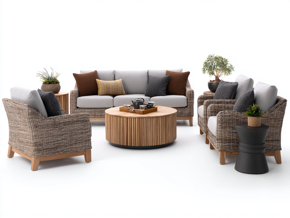 Canapé de jardin - résine tressée-tissu-bois - 210 x 80 x 78 cm - gris-brun naturel-noir - contemporain