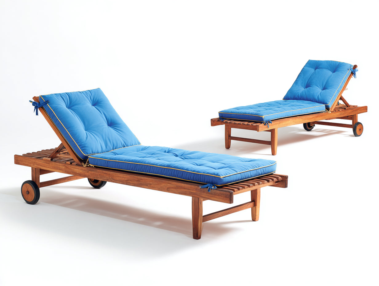 Bain de soleil - bois-tissu - 200 x 70 x 85 cm - bleu-brun naturel-noir - réglable avec roues