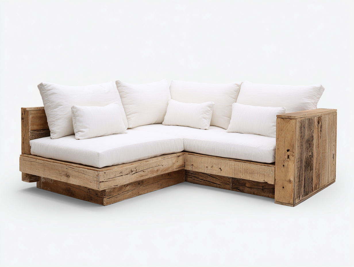 Canapé de jardin - Bois-Tissu - 250 x 250 x 70 cm - Blanc-Bois naturel - Style contemporain