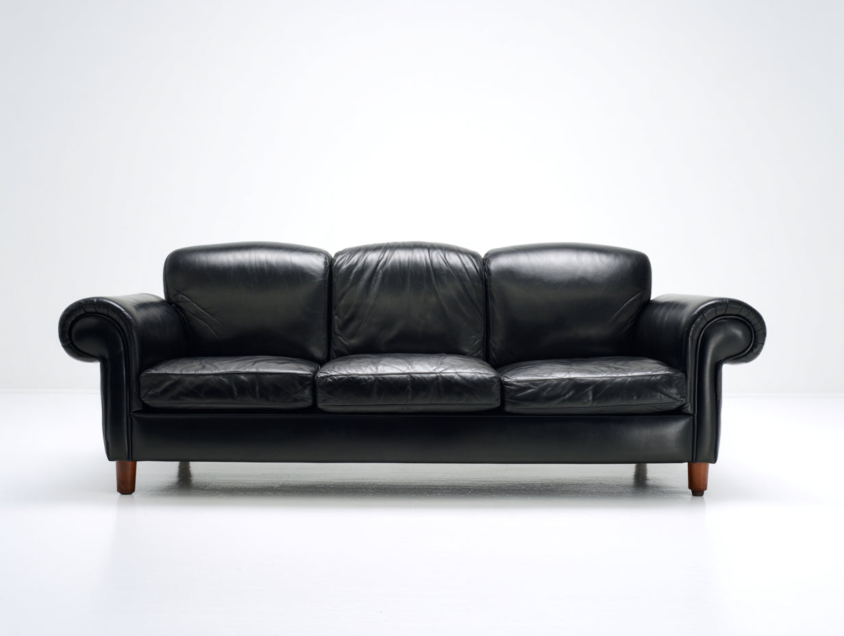 Canapé 3 places-cuir véritable-bois-214x93x80 cm-noir-classique contemporain