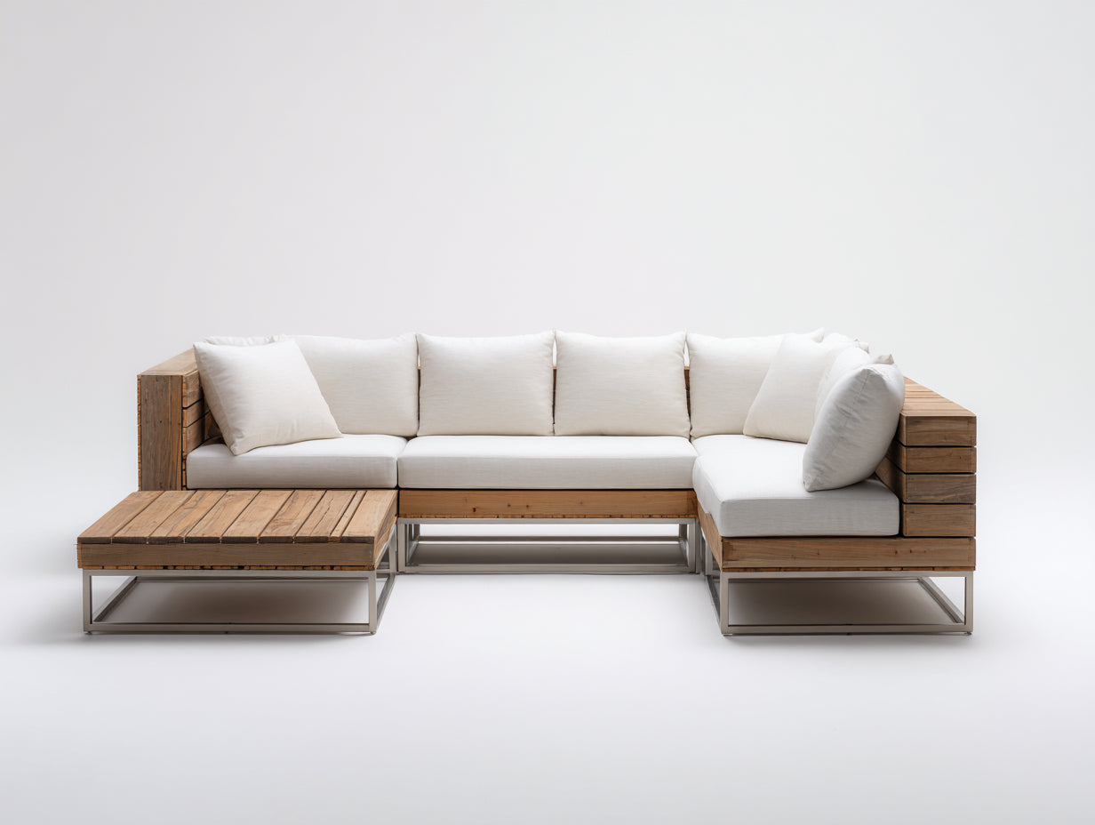 Canapé de jardin - Bois-Métal-Tissu - 268 x 192 x 72 cm - Blanc-Bois naturel - Design contemporain