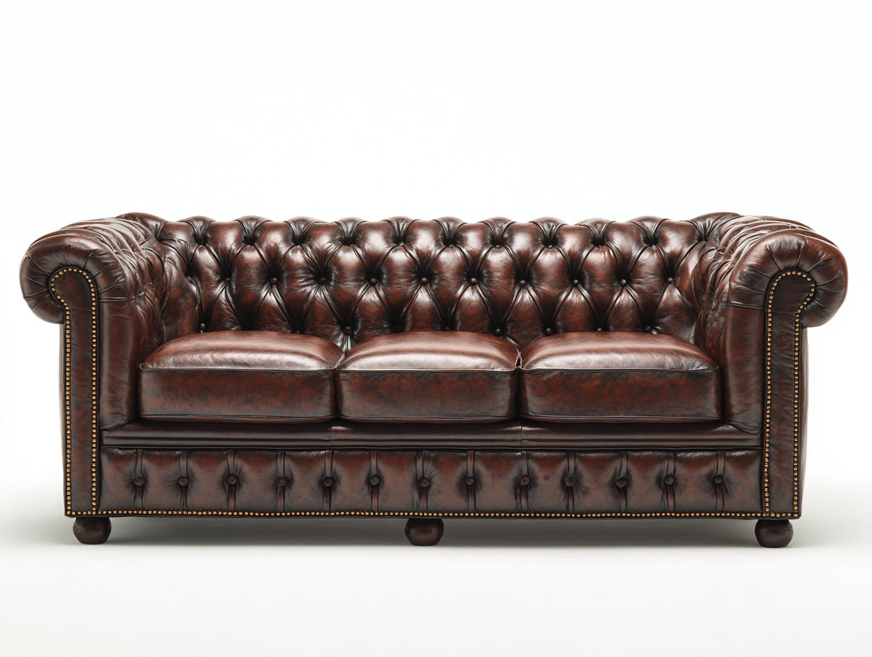 Canapé 3 places-cuir véritable-bois-220x95x84 cm-marron-chesterfield classique