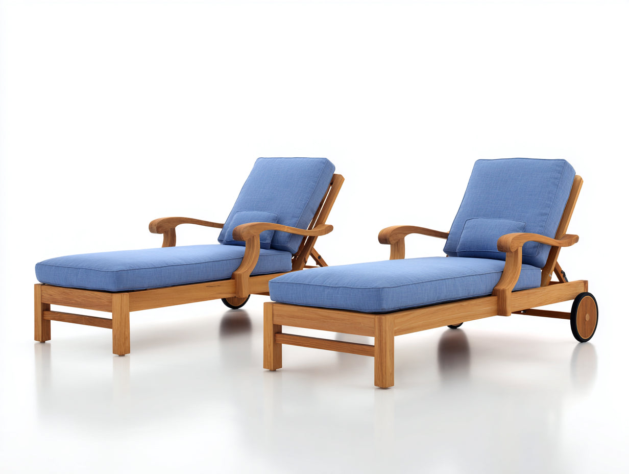 Bain de soleil - bois-tissu - 198 x 72 x 86 cm - bleu-brun naturel-noir - réglable avec accoudoirs et roues