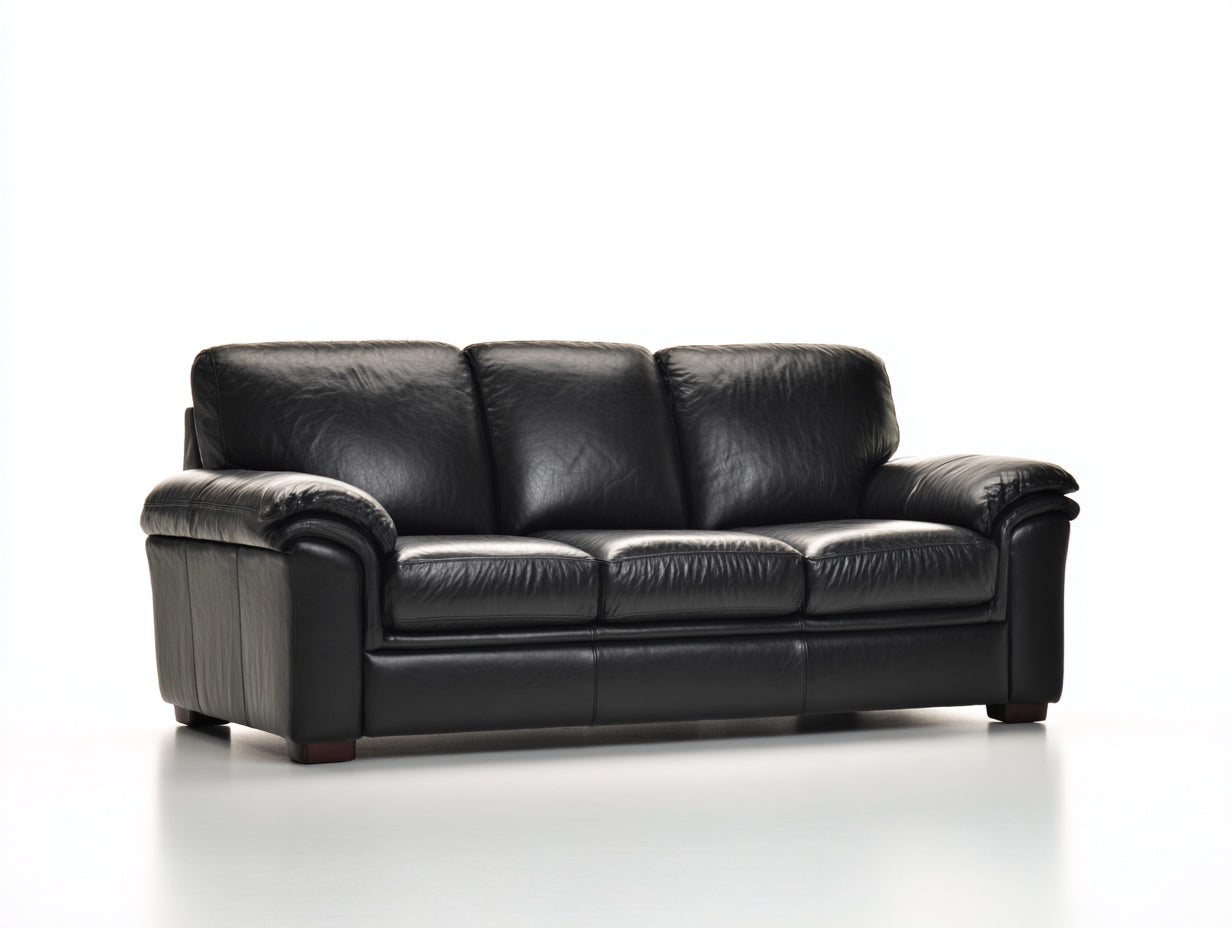 Canapé 3 places-cuir véritable-bois-212x97x84 cm-noir-classique moderne