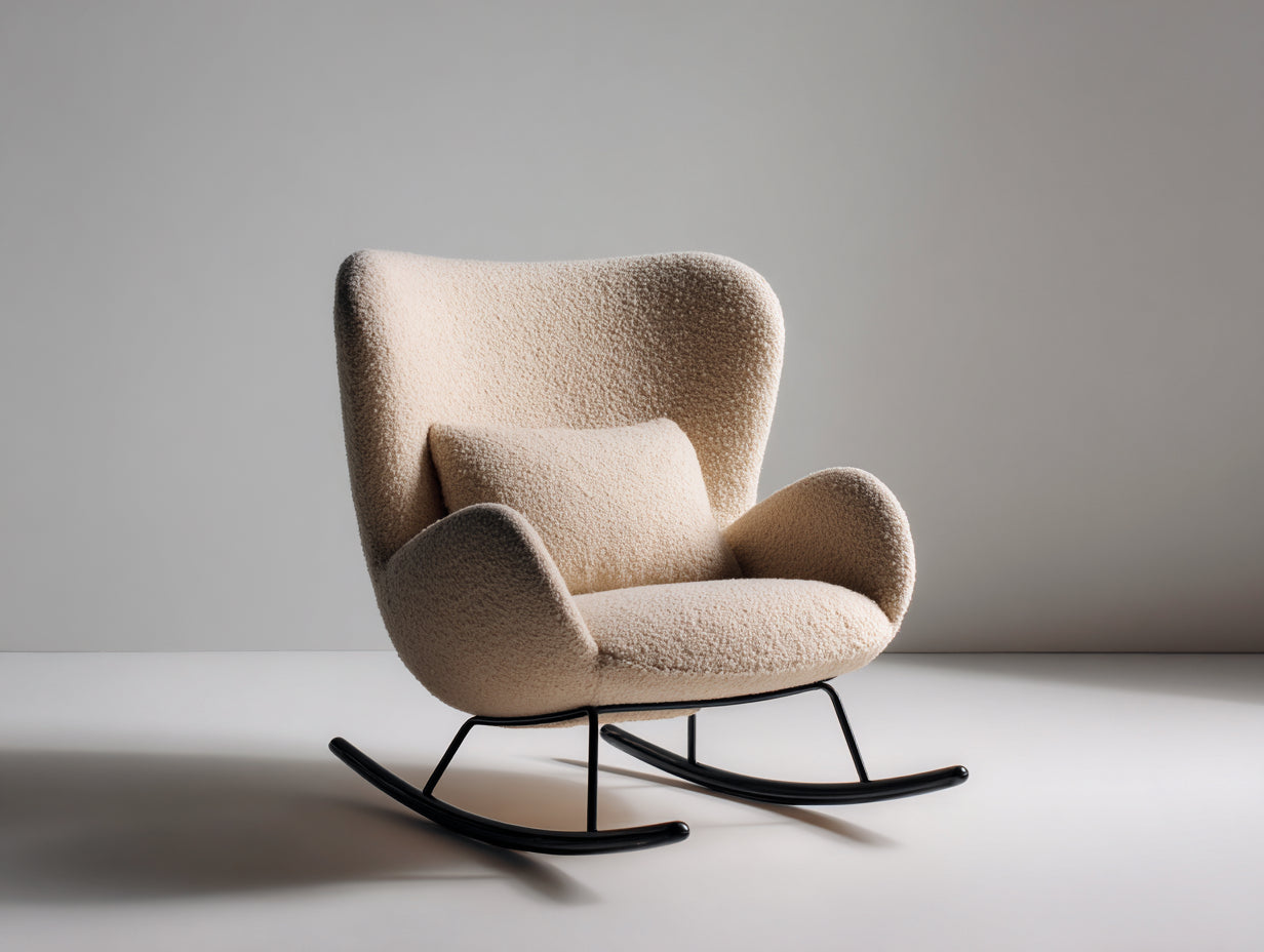Fauteuil à bascule-tissu bouclé-métal-bois-80x78x92 cm-beige-design contemporain