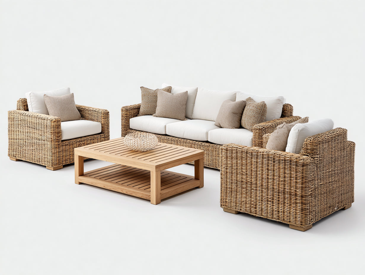 Canapé de jardin - résine tressée-tissu-bois - 220 x 82 x 78 cm - blanc-beige-brun naturel - contemporain