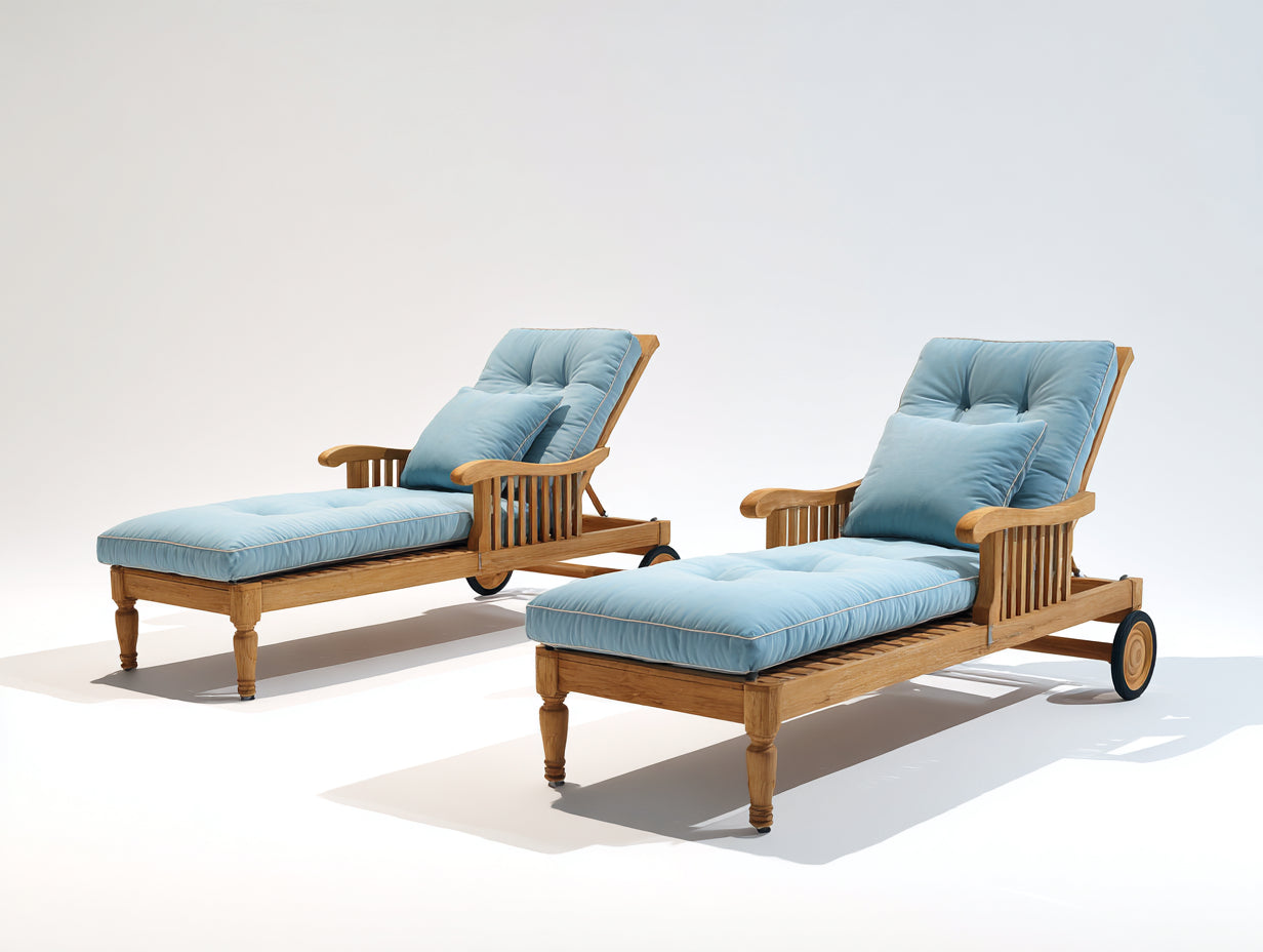 Bain de soleil - bois-tissu - 202 x 73 x 88 cm - bleu clair-brun naturel-noir - réglable avec accoudoirs et roues