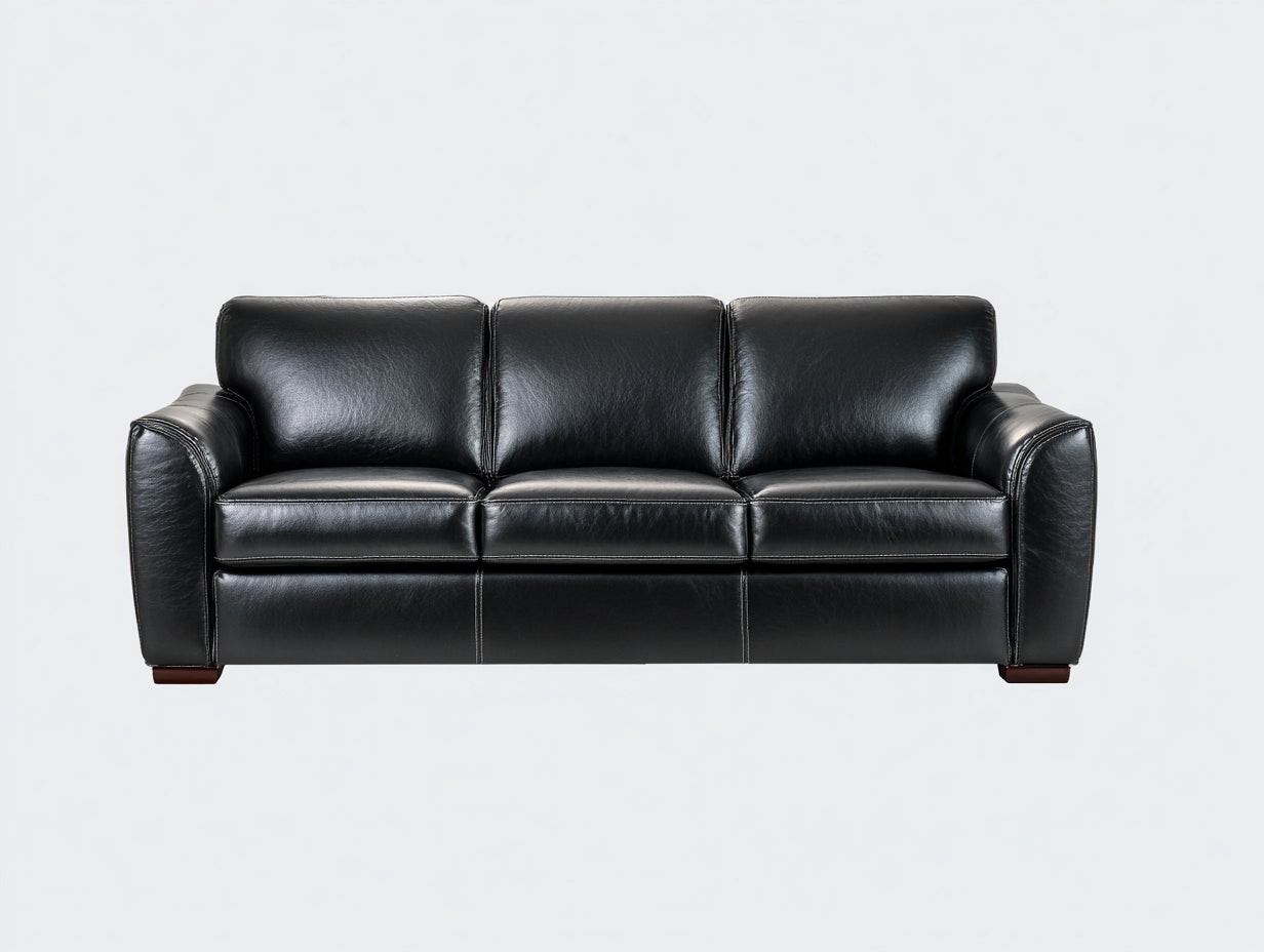 Canapé 3 places-cuir véritable-bois-213x95x82 cm-noir-classique contemporain