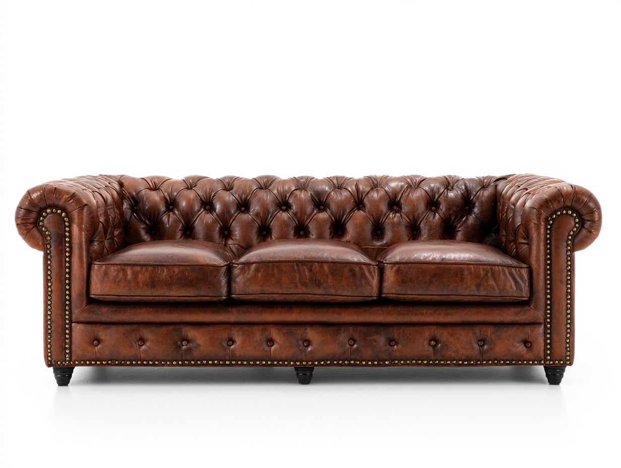 Canapé 3 places-cuir véritable-bois-222x96x85 cm-marron-chesterfield classique