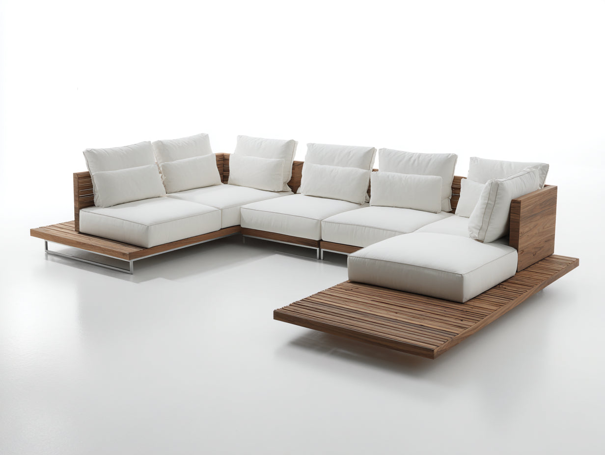 Canapé de jardin - Bois-Métal-Tissu - 270 x 170 x 70 cm - Blanc-Bois naturel - Style contemporain