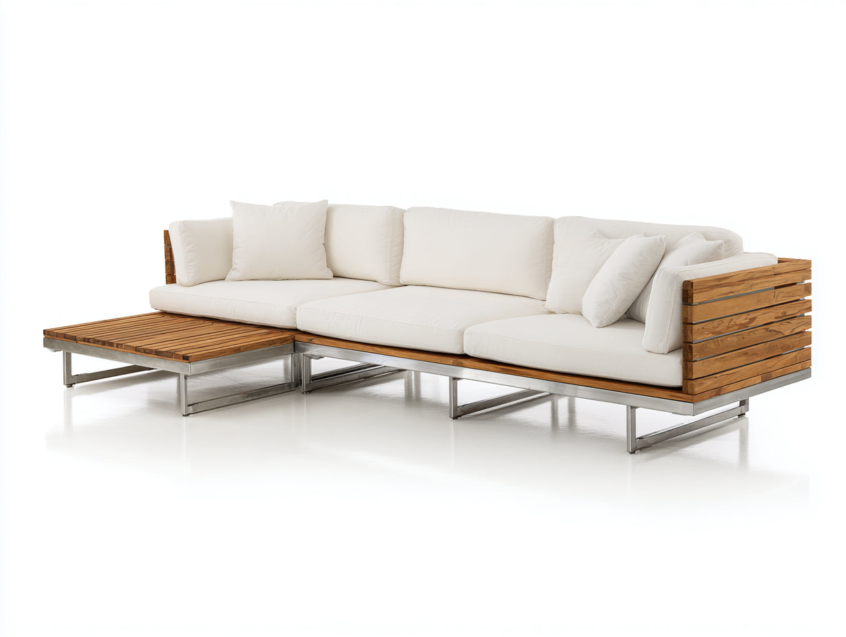 Canapé de jardin - Bois-Métal-Tissu - 268 x 175 x 72 cm - Blanc-Bois naturel - Design contemporain