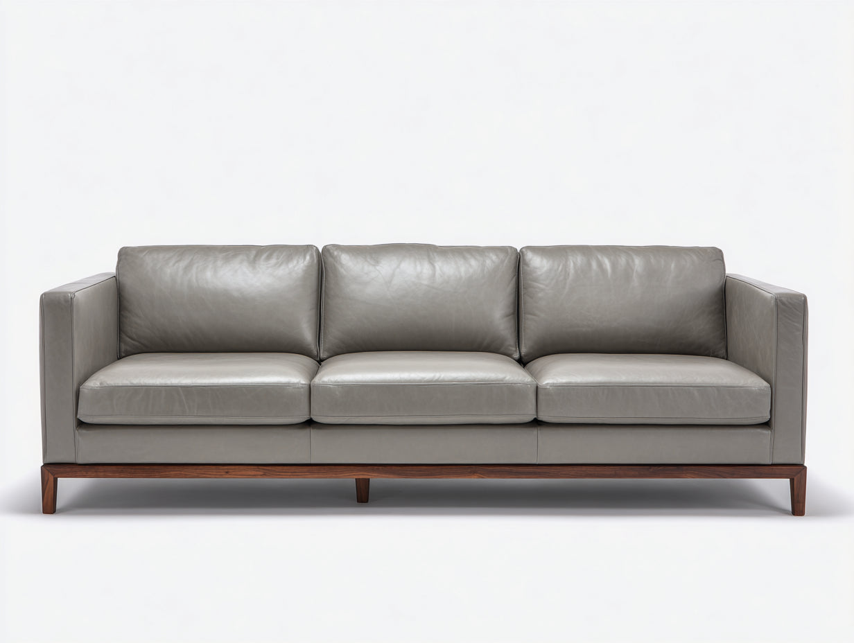 Canapé 3 places-cuir véritable-bois-217x96x83 cm-gris-moderne contemporain