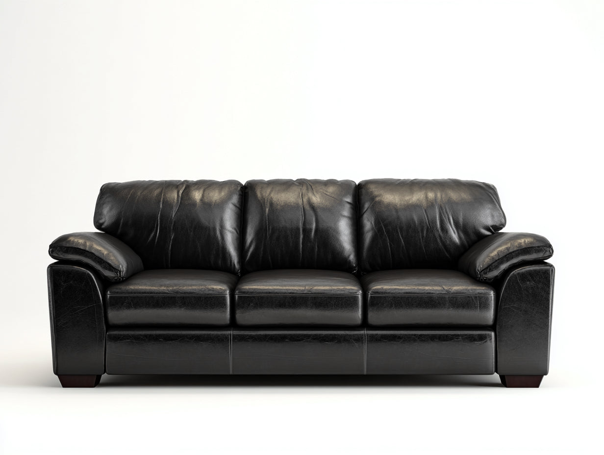 Canapé 3 places-cuir véritable-bois-218x96x82 cm-noir-classique moderne
