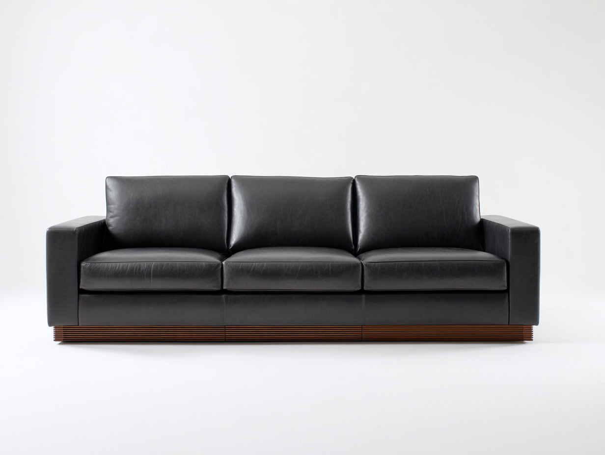 Canapé 3 places-cuir véritable-bois-218x96x82 cm-noir-moderne contemporain