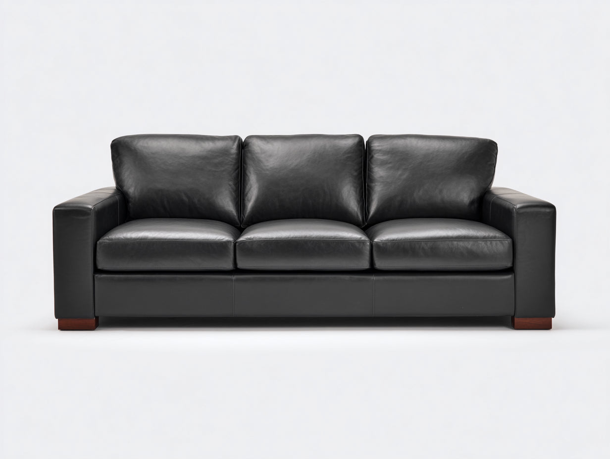 Canapé 3 places-cuir véritable-bois-219x95x83 cm-noir-moderne contemporain