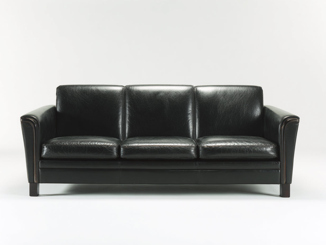 Canapé 3 places-cuir véritable-bois-219x98x84 cm-noir-classique contemporain