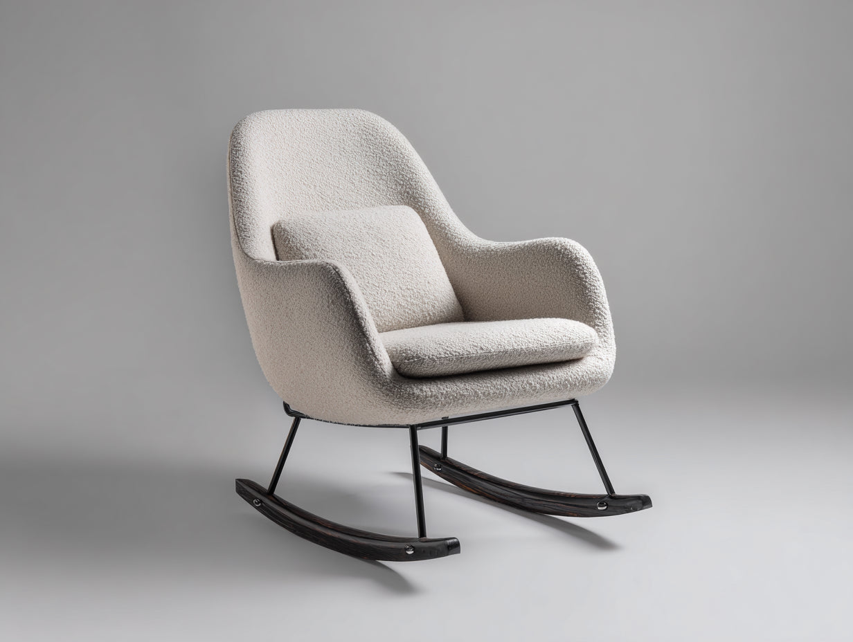 Fauteuil à bascule-tissu bouclé-métal-bois-78x80x95 cm-beige-design moderne