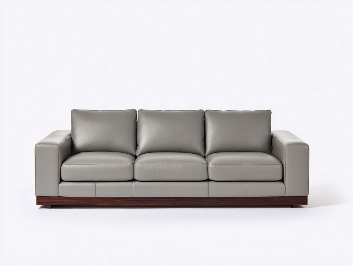 Canapé 3 places-cuir véritable-bois-220x95x84 cm-gris-moderne contemporain